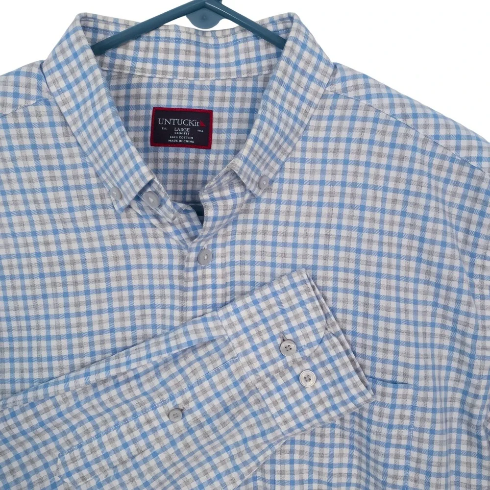 UNTUCKit Button-Down Mens Large Blue Grey Gingham Slim Fit Cotton Shirt